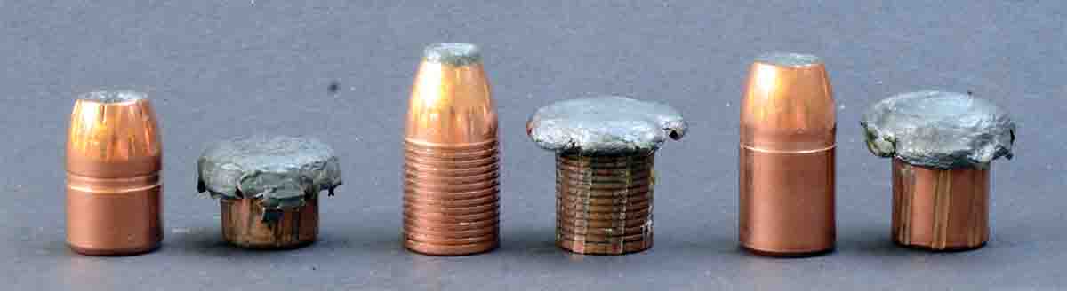 Pristine bullets and those recovered from expansion test media at 50-yard impact velocities include (left to right): a Swift 325-grain A-Frame, a North Fork 450 Bonded SP and a Swift 450 A-Frame.